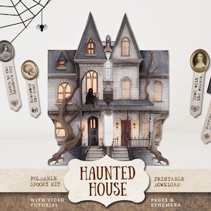 May include: A detailed illustration of a haunted house with a spooky theme. The house is gray with multiple windows and a dark figure on the balcony. Decorative bookmarks with vintage portraits and text like "Listen to the Banshee's cry" are included.