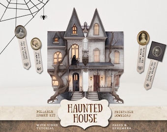 May include: A detailed illustration of a haunted house with a spooky theme. The house is gray with multiple windows and a dark figure on the balcony. Decorative bookmarks with vintage portraits and text like "Listen to the Banshee's cry" are included.