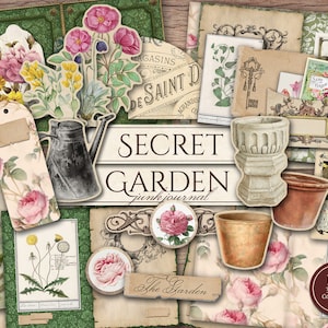 Secret Garden Junk Journal Kit (afdrukbare JPG-pagina's met efemere verschijnselen, omslag, tags), Shabby Chic Botanisch Digitaal Papier, Digitale download