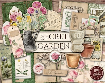 Secret Garden Junk Journal Kit (Afdrukbare JPG-pagina's met Ephemera, Cover, Tags), Shabby Chic Botanical Digital Paper, Digitale Download