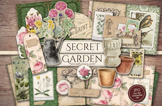 Secret Garden Junk Journal Kit (Printable JPG Pages with Ephemera, Cover, Tags), Shabby Chic Botanical Digital Paper, Digital Download