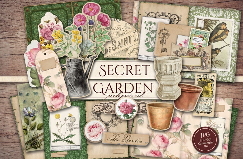 Puede incluir: Una hoja de collage digital con una est&eacute;tica vintage que presenta im&aacute;genes de flores, herramientas de jardiner&iacute;a y texto que dice "Secret Garden Junk Journal".