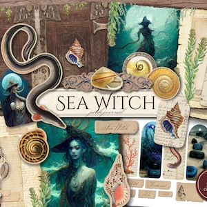 Sea Witch Junk Journal Kit (druckbare JPG Seiten mit Ephemera, Cover, Tags), Algen, Sirene, Aale, Muscheln, digitales Papier, digitaler Download