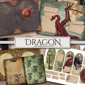 Dragon Junk Journal Kit (Printable JPG Pages with Ephemera, Cover, Bookmarks) for Scrapbook, Grimoire, Bestiary, Instant Digital Download