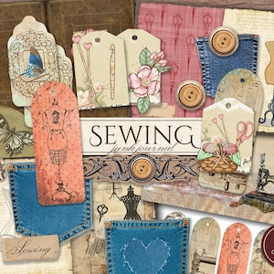 Junk Journal Kit naaien (afdrukbare JPG-pagina's met kortstondige), omslag, bladwijzer, zakken, tags), vintage fashion digitaal papier, digitale download