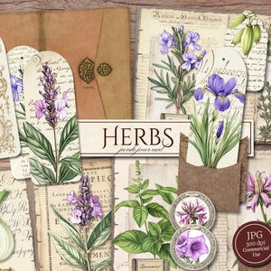 Kit de diário de ervas (páginas JPG para impressão com itens efêmeros e etiquetas), flores silvestres herbáceas, boticário, papel digital botânico, download digital