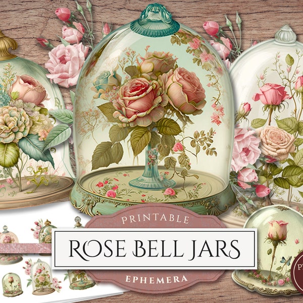 Printable Rose Bell Jars (PNG & PDF Collage Sheet), Flower Clipart, Fussy Cut, Shabby Chic Floral Ephemera, Digital Download, Commercial Use