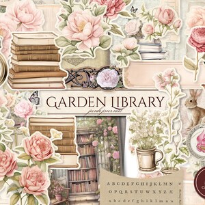 May include: A collage of floral and vintage elements, including pink roses, books, a clock, and a rabbit. The text "GARDEN LIBRARY" is prominently displayed. The image has a soft, pastel color palette, with a "pink journal" theme.