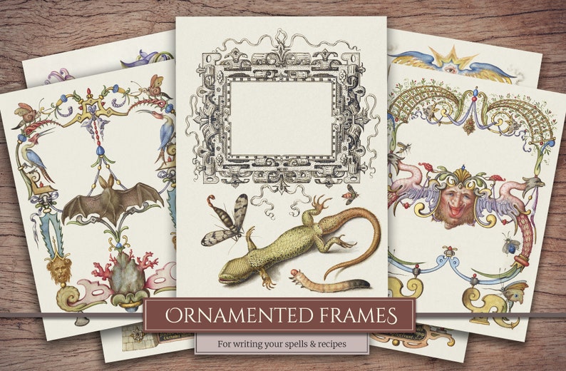 K&ouml;nnte beinhalten: Vier verzierte Rahmen mit aufwendigen Designs, die eine Fledermaus, ein Eidechse, eine Libelle und ein groteskes Gesicht zeigen. Die Rahmen sind von einem Holzhintergrund umgeben und der Text "ORNAMENTED FRAMES For writing your spells & recipes" befindet sich unten.