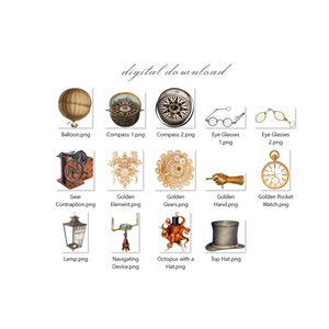 Op de afbeelding: Digitale download van vintage steampunk-thema-illustraties. Bevat een luchtballon, kompassen, brillen, tandwielen, een zakhorloge, een lamp, een navigatieapparaat, een octopus met een hoed en een hoge hoed. De tekst luidt "digital download".