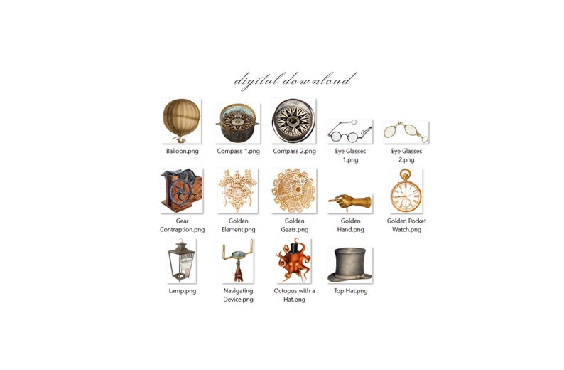 Op de afbeelding: Digitale download van vintage steampunk-thema-illustraties. Bevat een luchtballon, kompassen, brillen, tandwielen, een zakhorloge, een lamp, een navigatieapparaat, een octopus met een hoed en een hoge hoed. De tekst luidt "digital download".