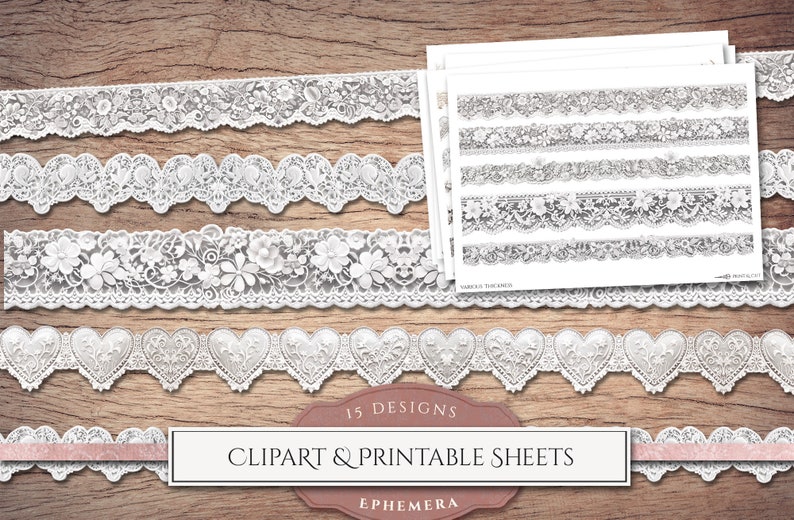 Utskrivbara spetskanter (PNG Clipart + Collageark), Sömlösa spetsöverlägg, Fussy Cut Washi-tejp, Junk Journal-tillbehör, Digital nedladdning bild 5