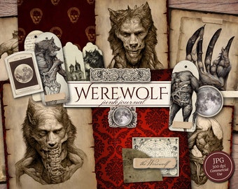 Werewolf Junk Journal Kit (Printable JPG Pages, Ephemera, Cover, Tags, Bookmark), Horror, Wolf, Halloween Digital Paper, Digital Download