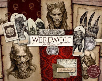 Werewolf Junk Journal Kit (Druckbare JPG Seiten, Ephemera, Cover, Tags, Lesezeichen), Horror, Wolf, Halloween Digitales Papier, digitaler Download
