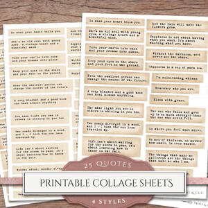 Puede incluir: Hojas de collage imprimibles con 25 citas inspiradoras en 4 estilos. Las citas est&aacute;n impresas en tiras de papel rectangulares de estilo vintage. Las hojas est&aacute;n dispuestas sobre una superficie de madera, con las palabras "25 QUOTES" y "PRINTABLE COLLAGE SHEETS".