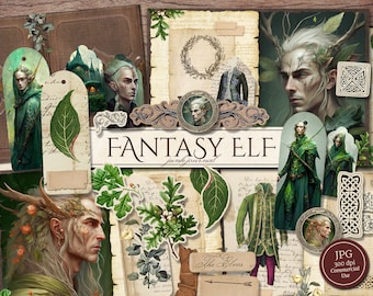 Fantasy Elf Junk Journal Kit (Printable JPG Pages with Ephemera, Cover, Tags), Forest Fae, DnD, Elven Prince Digital Paper, Digital Download
