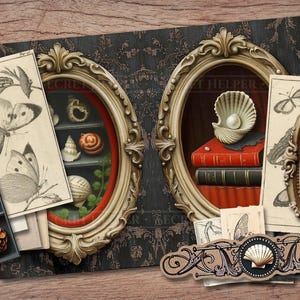 May include: An artistic composition featuring two ornate oval frames with detailed gold trim, each showcasing a miniature display of seashells, books, and botanical illustrations. Accompanying the frames are vintage-style butterfly and shell prints, and a small black tray with seashells and a pinecone.