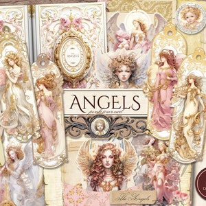 Angels Junk Journal Kit (afdrukbare JPG-pagina's met kortstondige, tags, bladwijzers), engeltjes, engelachtige voogden, digitaal papier, digitale download