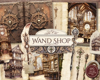 The Old Wand Shop Junk Journal Kit (Printable JPG Pages with Ephemera, Tags), Wizarding School Supply, Magic Digital Paper, Digital Download