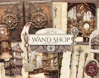 May include: A collage of images featuring a shop called "The Old Wand Shop". The shop is filled with books, potions, and other magical items. The images are in a vintage style and are perfect for use in scrapbooking, card making, or other crafting projects.