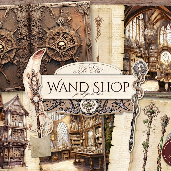 The Old Wand Shop Junk Journal Kit (druckbare JPG-Seiten mit Ephemera, Tags), Zauberschulzubehör, magisches digitales Papier, digitaler Download