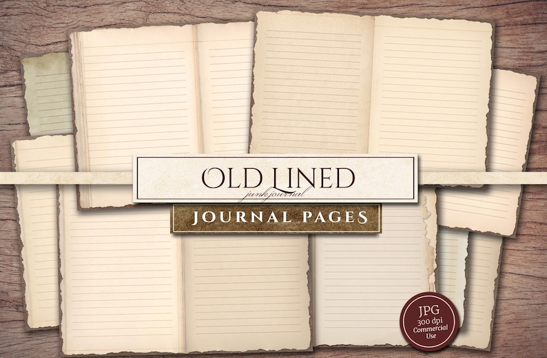 May include: Set of six vintage-style lined journal pages with distressed edges. The pages are cream-colored with brown lines and have a rustic, aged look. The text "OLD LINED journal pages" is printed on a brown banner.