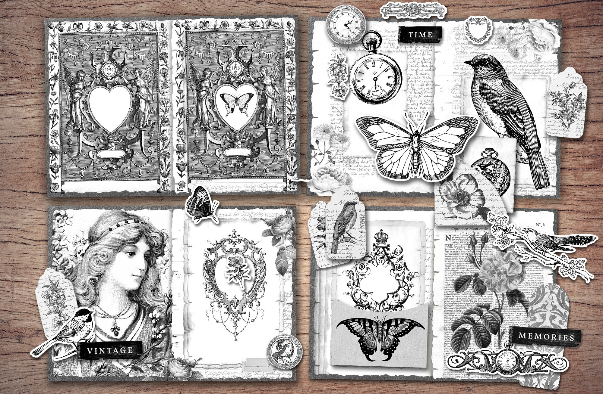 Black and White Junk Journal Kit (printable JPG Pages With Ephemera ...