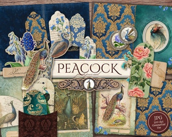 Peacock Junk Journal Kit (Printable JPG Pages with Ephemera, Cover, Bookmark, Pockets, Tags), Bird, Peacock Digital Paper, Digital Download
