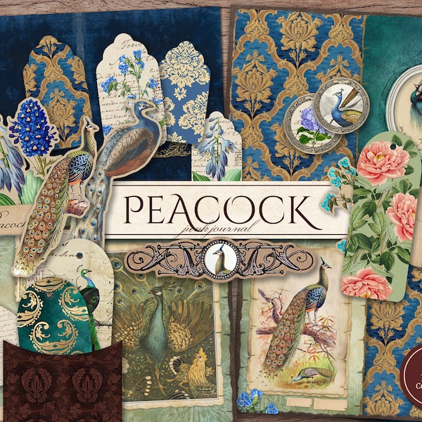 Peacock Junk Journal Kit (Printable JPG Pages with Ephemera, Cover, Bookmark, Pockets, Tags), Bird, Peacock Digital Paper, Digital Download