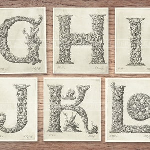 May include: Six vintage illustrations of ornate, decorative letters from G to L. Each letter is rendered in a black and white style with intricate flourishes and swirls.