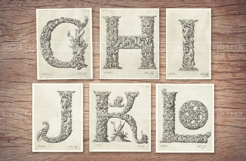 May include: Six vintage illustrations of ornate, decorative letters from G to L. Each letter is rendered in a black and white style with intricate flourishes and swirls.