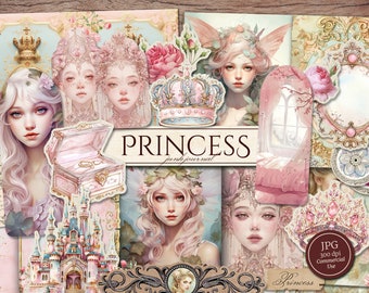 Princess Junk Journal Kit (afdrukbare JPG-pagina's met ephemera, tags, bladwijzers), Fairy Queen, Rococo Palace, digitaal papier, digitale download