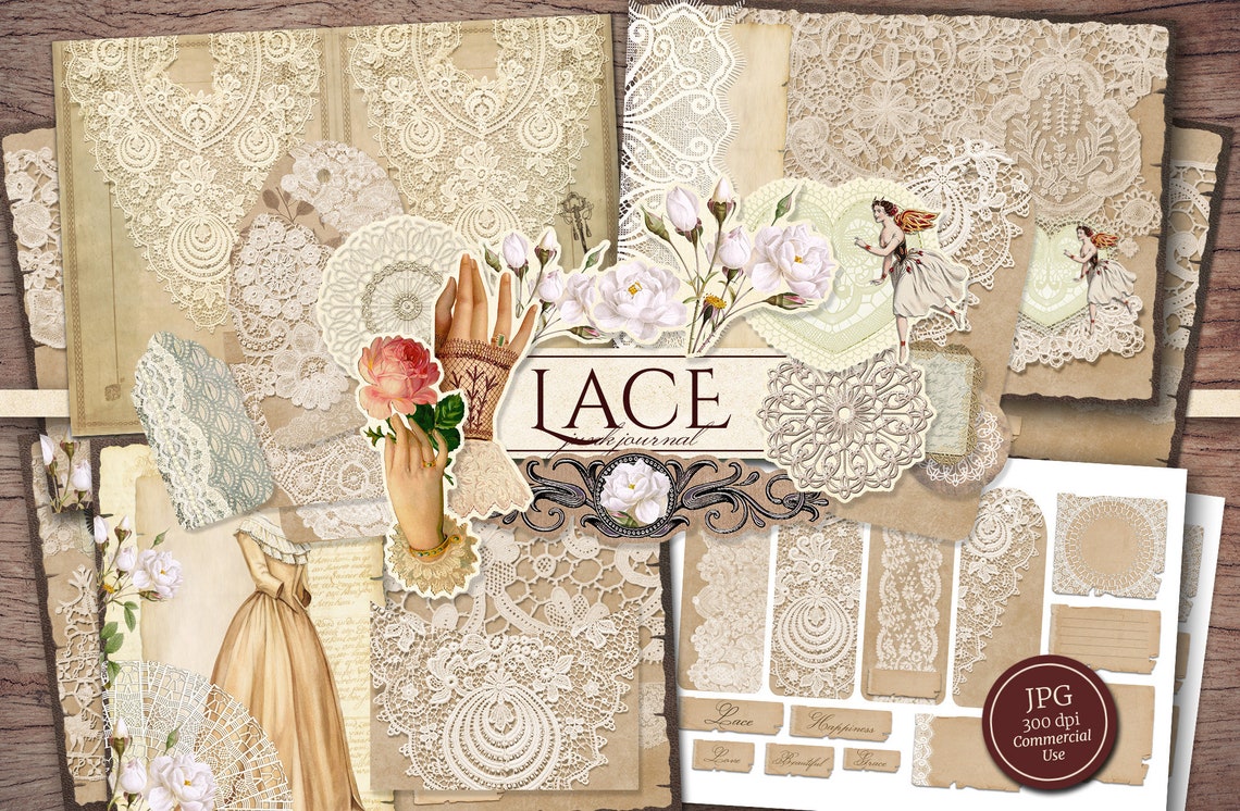 Lace Junk Journal Kit (printable JPG Pages With Ephemera, Cover ...