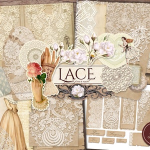 Kit de journal indésirable en dentelle (pages JPG imprimables avec éphémères, couverture, signets, étiquettes), neutre, blanc, papier numérique mariage, téléchargement numérique