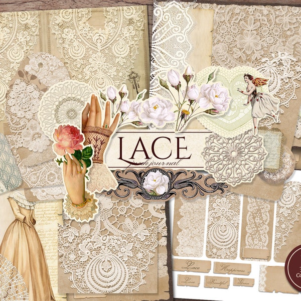 Lace Junk Journal Kit (Pagine JPG stampabili con effimero, copertina, segnalibri, tag), neutro, bianco, carta digitale per matrimoni, download digitale