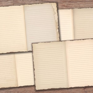 May include: Five open blank lined notebooks with torn edges, arranged on a woodgrain surface.