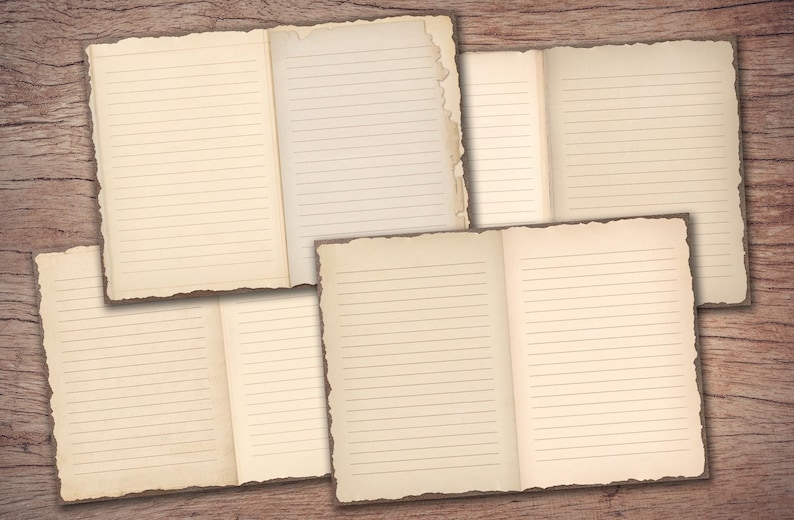 May include: Five open blank lined notebooks with torn edges, arranged on a woodgrain surface.