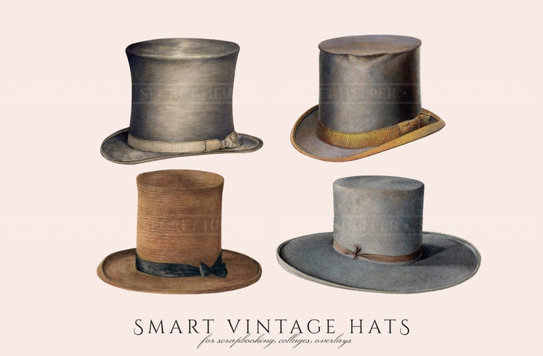 Peut inclure: Quatre chapeaux hauts vintage de couleurs et de styles diff&eacute;rents. Les chapeaux sont gris, marron et bleu. Les chapeaux sont parfaits pour le scrapbooking, les collages et les superpositions. SMART VINTAGE HATS pour scrapbooking, collages, superpositions.