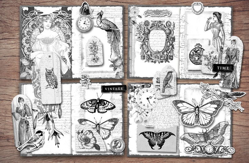 Black and White Junk Journal Kit (printable JPG Pages With Ephemera ...