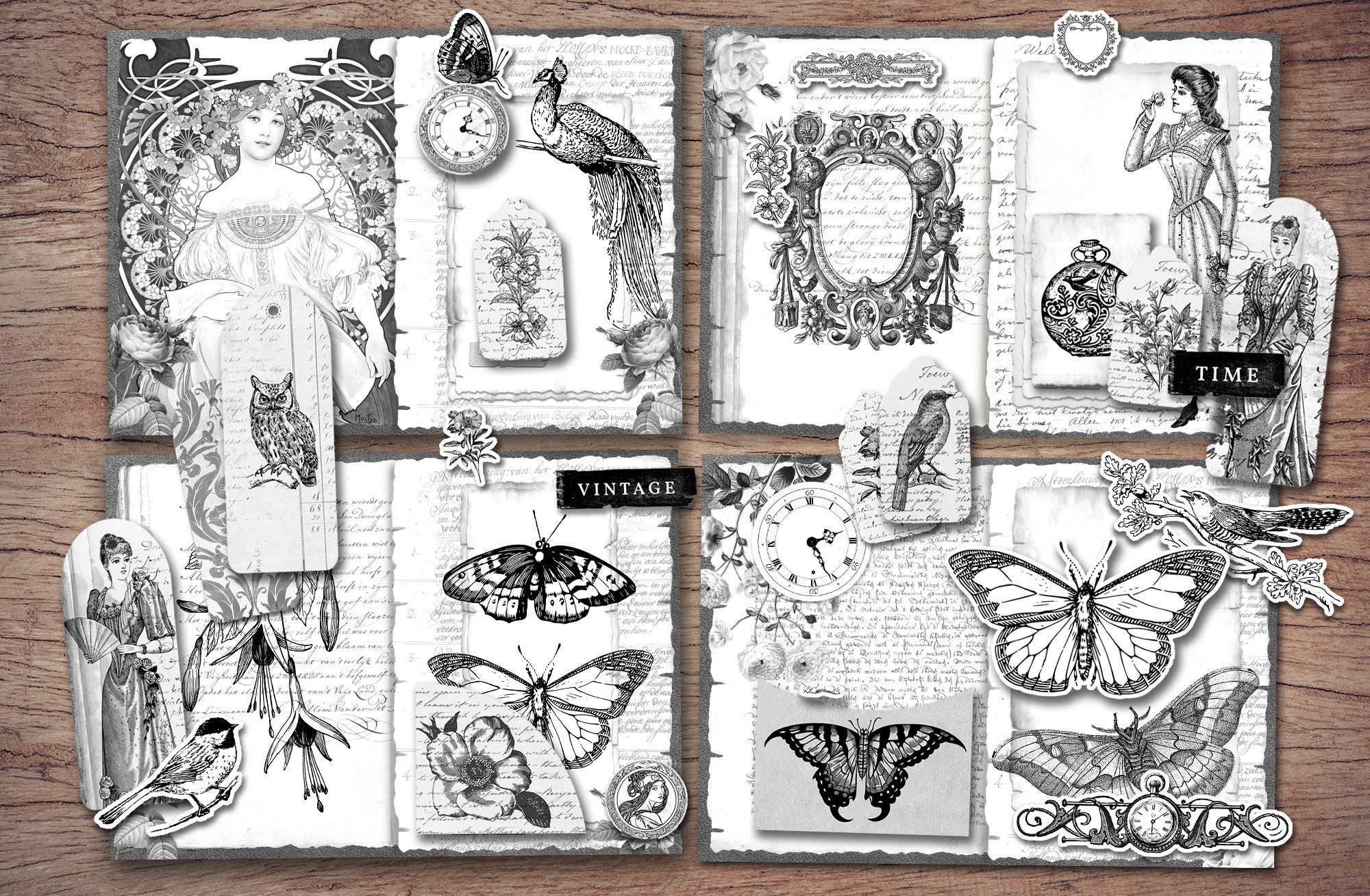 Black and White Junk Journal Kit (printable JPG Pages With Ephemera ...