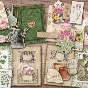 Puede incluir: Una colecci&oacute;n de papel de scrapbooking y ef&iacute;meras de tem&aacute;tica de jard&iacute;n vintage con im&aacute;genes de flores, p&aacute;jaros y herramientas de jardiner&iacute;a. El papel est&aacute; en tonos verdes, marrones y rosas.
