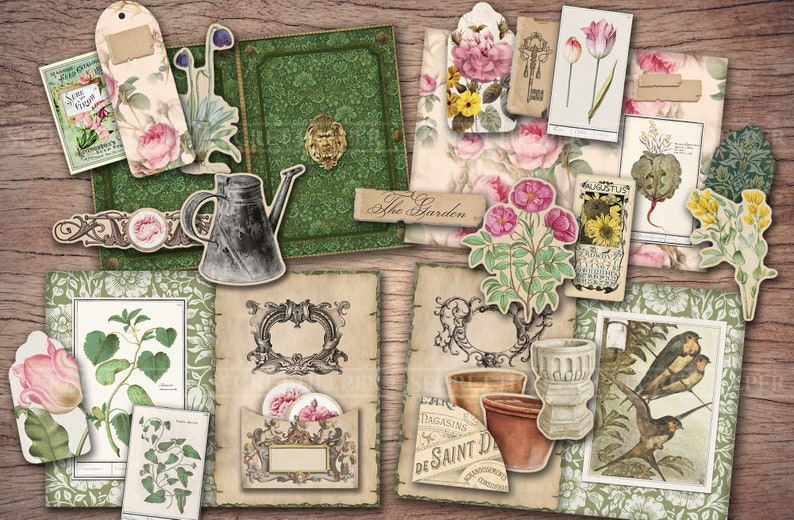 Puede incluir: Una colecci&oacute;n de papel de scrapbooking y ef&iacute;meras de tem&aacute;tica de jard&iacute;n vintage con im&aacute;genes de flores, p&aacute;jaros y herramientas de jardiner&iacute;a. El papel est&aacute; en tonos verdes, marrones y rosas.