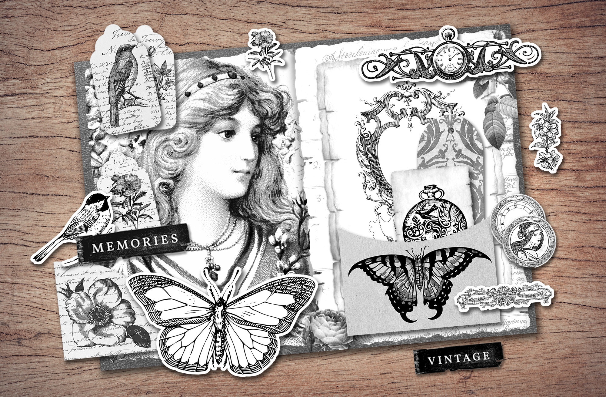 Black and White Junk Journal Kit (printable JPG Pages With Ephemera ...