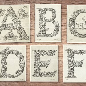 May include: Six vintage illustrations of the letters A through F, each letter is surrounded by intricate, ornate, and detailed flourishes. The letters are in black and white.