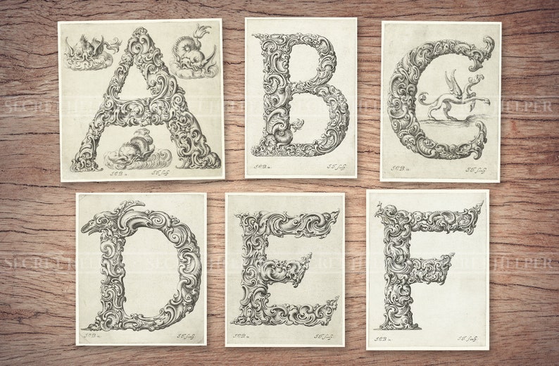 May include: Six vintage illustrations of the letters A through F, each letter is surrounded by intricate, ornate, and detailed flourishes. The letters are in black and white.