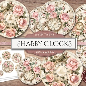 Horloges Shabby Chic (superpositions PNG + feuille de collage PDF), cliparts, coupes difficiles imprimables, avec et sans mains, téléchargement numérique, usage commercial