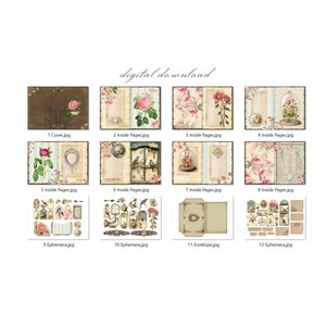 Kit de journal indésirable shabby chic pages JPG imprimables avec éphémères, couverture, étiquettes, pastel, horloge, oiseau, rose, papier numérique, téléchargement numérique image 8