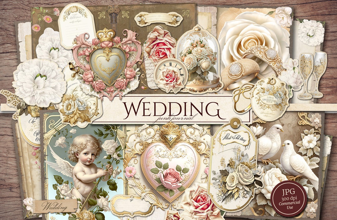 Wedding Junk Journal Kit printable JPG Pages With Ephemera, Tags