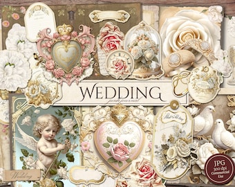 Wedding Junk Journal Kit (Printable JPG Pages with Ephemera, Tags), Marriage Love, Cupid Heart, Dove, Bridal Digital Paper, Digital Download