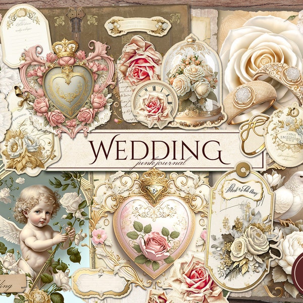Wedding Junk Journal Kit (Printable JPG Pages with Ephemera, Tags), Marriage Love, Cupid Heart, Dove, Bridal Digital Paper, Digital Download